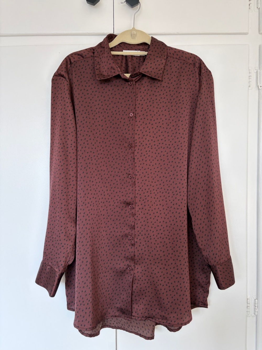 Ricki's Brown Button-Down Silky Blouse with Chic Black Print